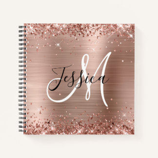 Glittery Rose Gold Foil Monogram Square Notebook