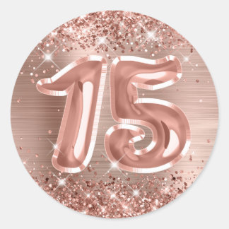 Glittery Rose Gold Foil Number 15 Birthday Classic Round Sticker