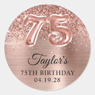 Glittery Rose Gold Foil Number 75 Birthday Classic Round Sticker
