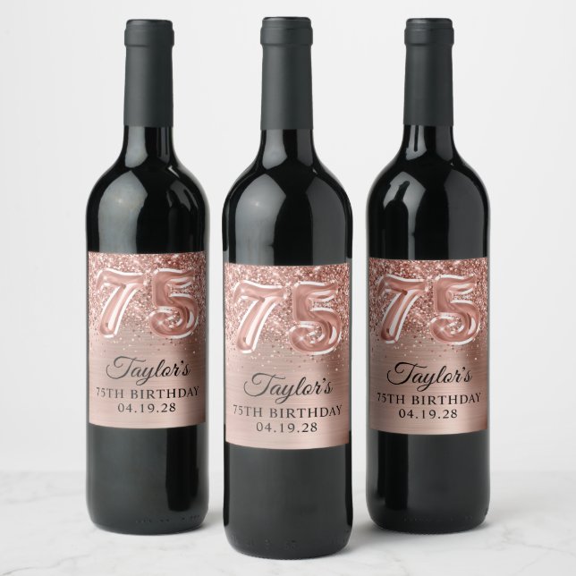 Glittery Rose Gold Foil Number 75 Birthday Wine Label (Bottles)