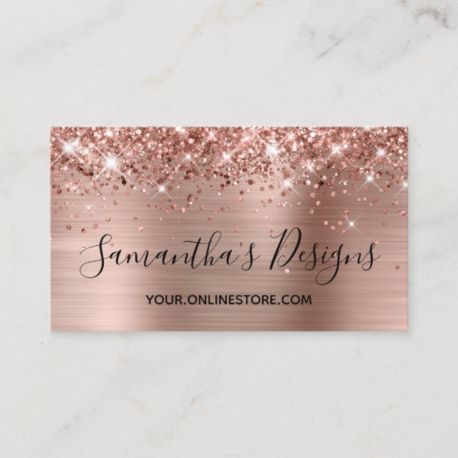 Glittery Rose Gold Foil Online Store Contact Info Business Card (Front)