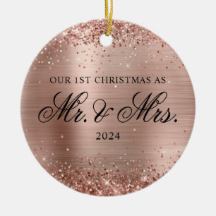 Glittery Rose Gold Foil Our 1st Christmas Photo Ceramic Tree Decoration