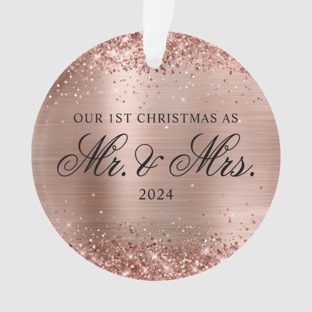 Glittery Rose Gold Foil Our 1st Christmas Photo Ornament (Front)