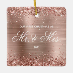 Glittery Rose Gold Foil Our First Christmas Ceramic Ornament
