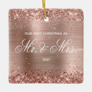 Glittery Rose Gold Foil Our First Christmas Ceramic Ornament