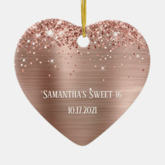 Glittery Rose Gold Foil Personalised Sweet 16 Ceramic Tree Decoration