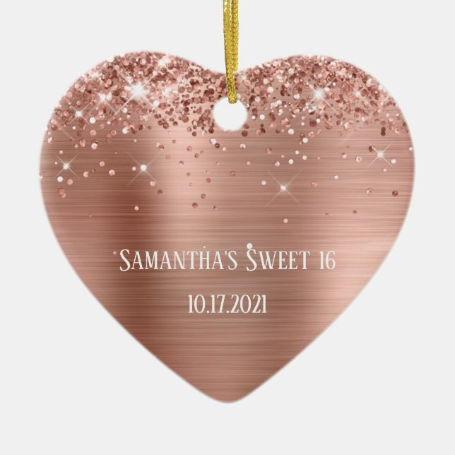 Glittery Rose Gold Foil Personalised Sweet 16 Ceramic Tree Decoration (Front)