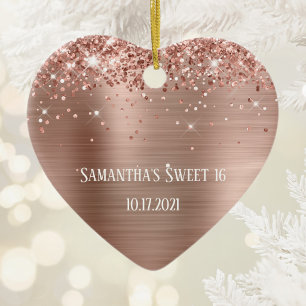Glittery Rose Gold Foil Personalised Sweet 16 Ceramic Tree Decoration