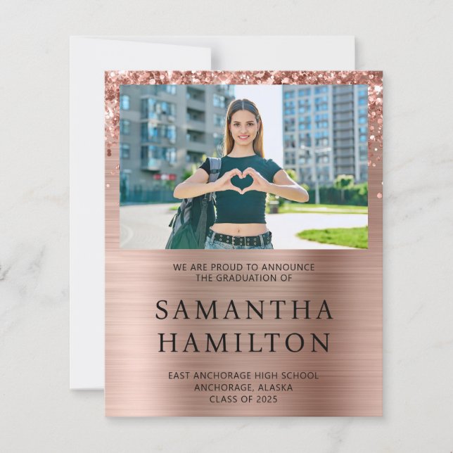 Glittery Rose Gold Foil Photo Graduation Invite (Front)