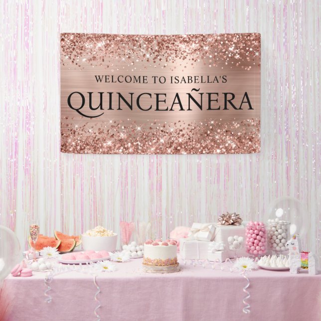 Glittery Rose Gold Foil Quinceanera All Caps Banner (Party)