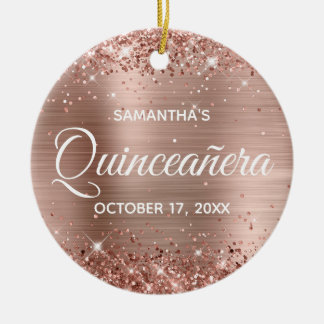 Glittery Rose Gold Foil Quinceañera Ceramic Tree Decoration
