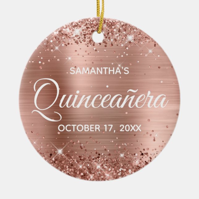 Glittery Rose Gold Foil Quinceañera Ceramic Tree Decoration (Front)