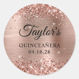 Glittery Rose Gold Foil Quinceañera Classic Round Sticker