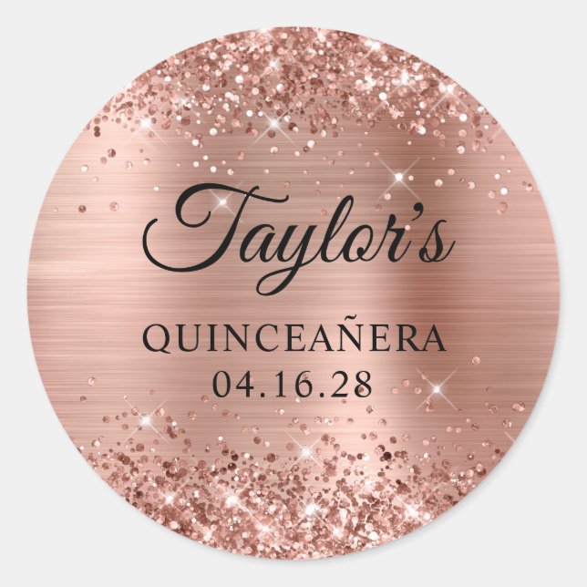 Glittery Rose Gold Foil Quinceañera Classic Round Sticker (Front)