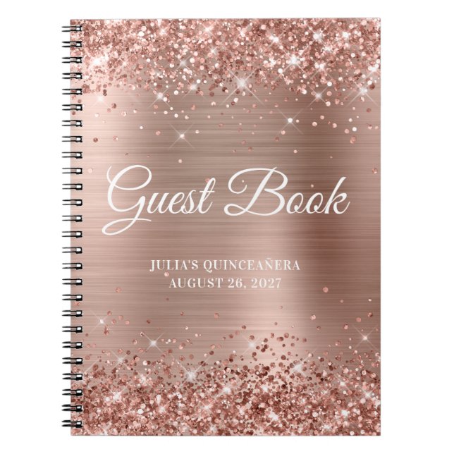 Glittery Rose Gold Foil Quinceañera Guestbook Notebook (Front)