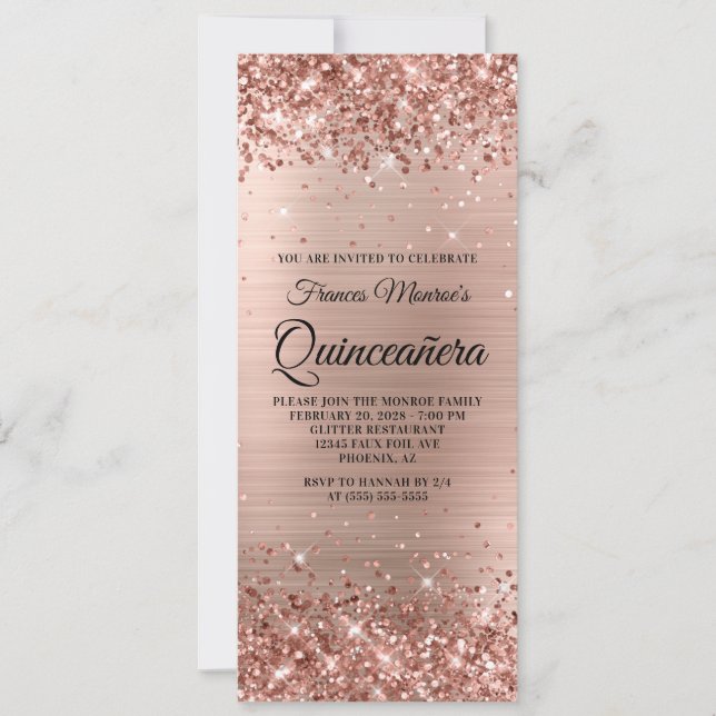 Glittery Rose Gold Foil Quinceañera Invitation (Front)