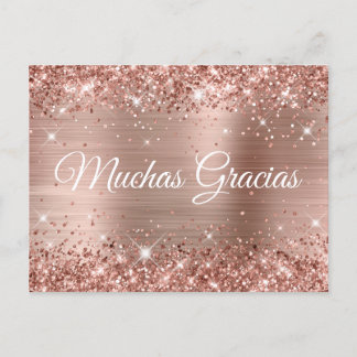 Glittery Rose Gold Foil Quinceañera Muchas Gracias Postcard
