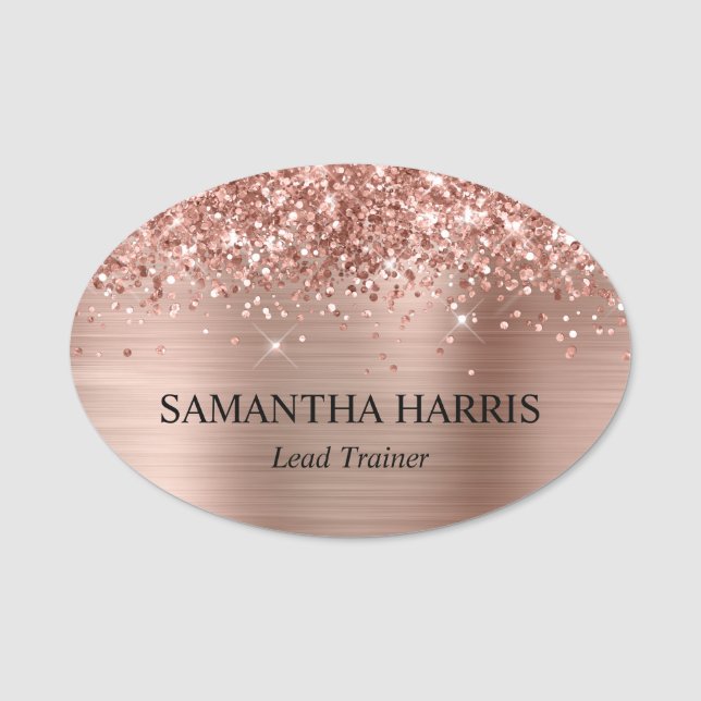 Glittery Rose Gold Foil Rectangle Logo Name Tag (Front)
