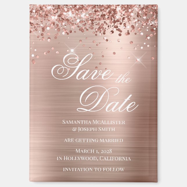 Glittery Rose Gold Foil Save the Date Magnet (Front)