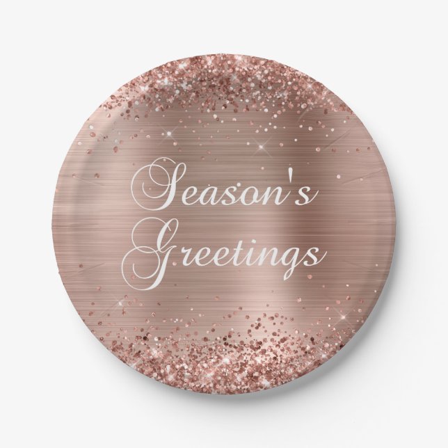 Glittery Rose Gold Foil Seasons Greetings Paper Plate (Front)