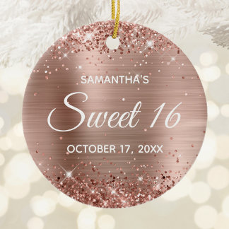 Glittery Rose Gold Foil Sweet 16 Birthday Ceramic Tree Decoration