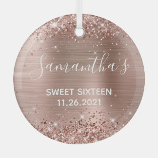 Glittery Rose Gold Foil Sweet 16 Glass Tree Decoration