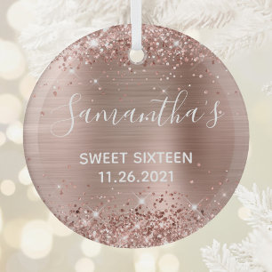 Glittery Rose Gold Foil Sweet 16 Glass Tree Decoration