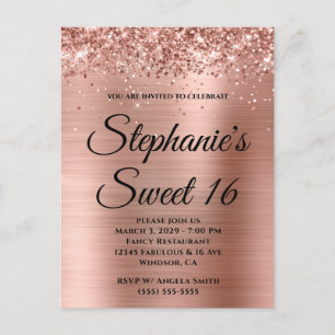 Glittery Rose Gold Foil Sweet 16 Invitation Postcard