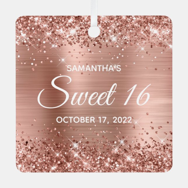 Glittery Rose Gold Foil Sweet 16 Metal Tree Decoration (Front)