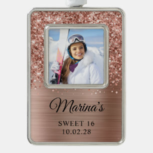 Glittery Rose Gold Foil Sweet 16 Photo Silver Plated Framed Ornament