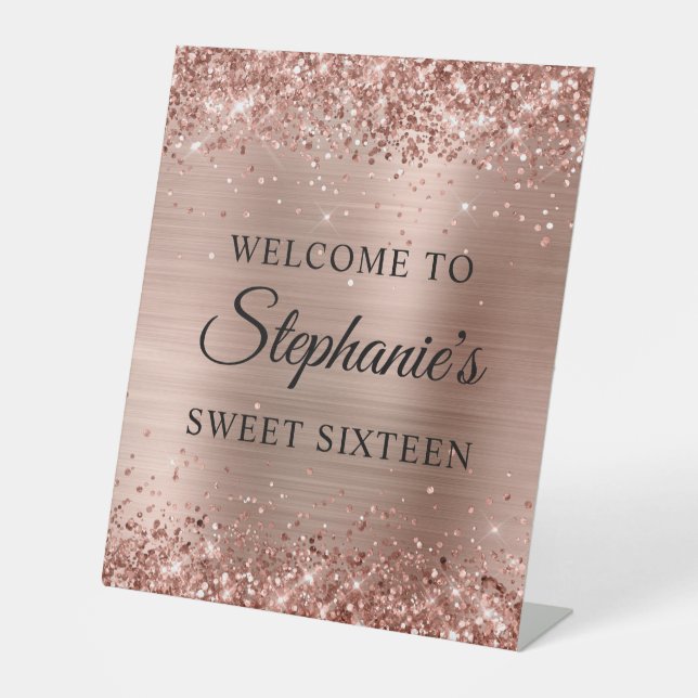 Glittery Rose Gold Foil Sweet Sixteen Pedestal Sign (Front)
