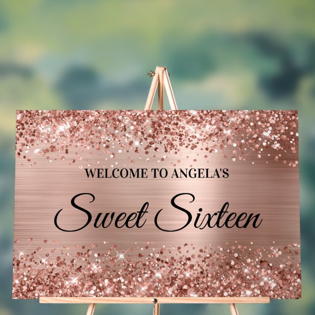 Glittery Rose Gold Foil Sweet Sixteen Welcome Acrylic Sign (Neutral)