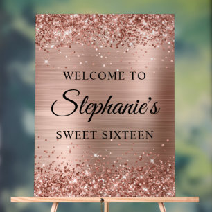 Glittery Rose Gold Foil Sweet Sixteen Welcome Acrylic Sign