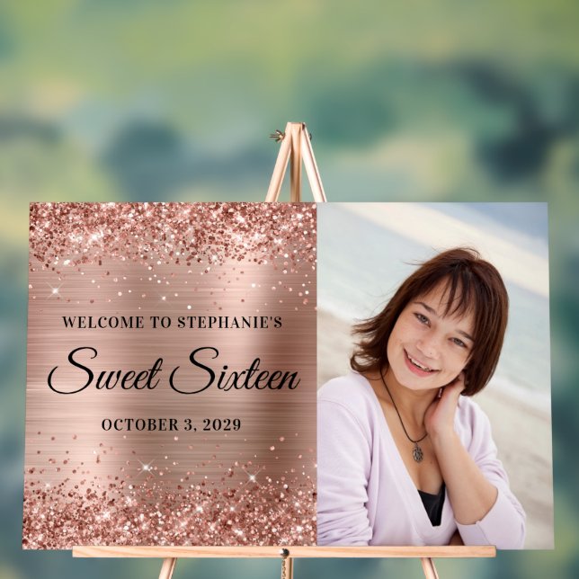 Glittery Rose Gold Foil Sweet Sixteen Welcome Acrylic Sign (Neutral)