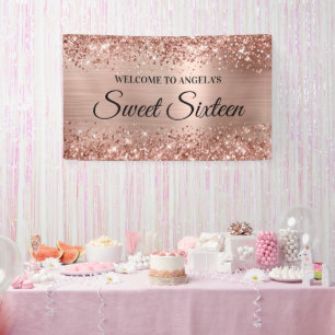 Glittery Rose Gold Foil Sweet Sixteen Welcome Banner