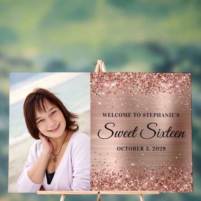 Glittery Rose Gold Foil Sweet Sixteen Welcome Big Acrylic Sign (Neutral)