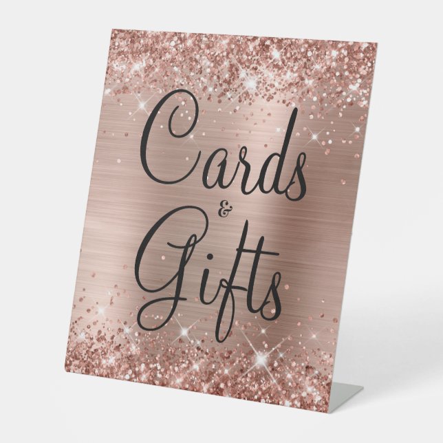 Glittery Rose Gold Foil Wedding Cards & Gifts Pedestal Sign (Front)