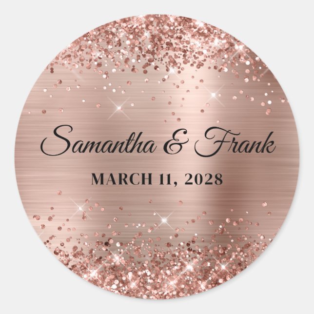 Glittery Rose Gold Foil Wedding Classic Round Sticker (Front)