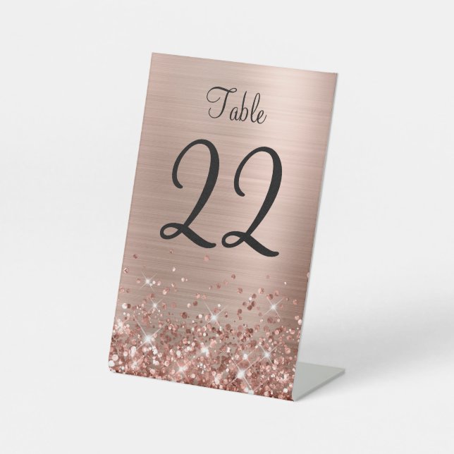 Glittery Rose Gold Foil Wedding Table Number Sign (Front)