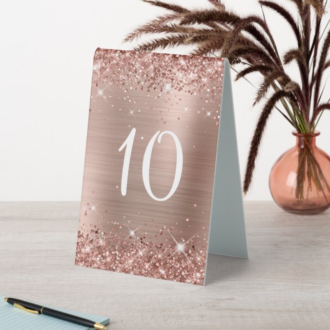 Glittery Rose Gold Foil Wedding Table Number Sign (In SItu (Table))