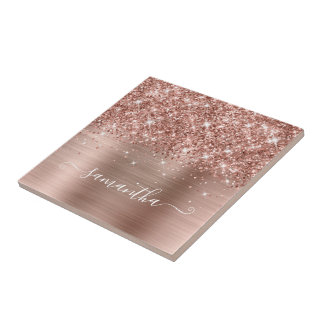 Glittery Rose Gold Girly Signature Calligraphy Tile