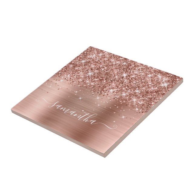 Glittery Rose Gold Girly Signature Calligraphy Tile (Side)