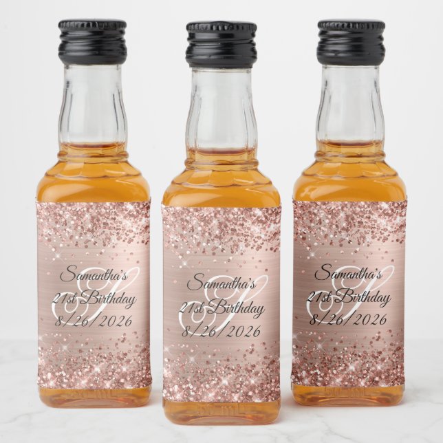 Glittery Rose Gold Glam 21st Birthday  Liquor Bottle Label (Bottles)