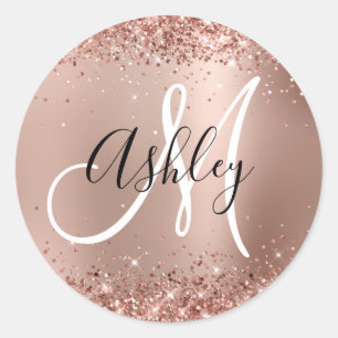 Glittery Rose Gold Glam Gradient Monogram Classic Round Sticker