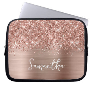 Glittery Rose Gold Glam Modern Handwritten Name Laptop Sleeve