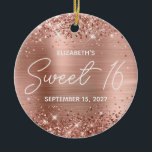 Glittery Rose Gold Glam Modern Sweet 16 Photo Ceramic Tree Decoration<br><div class="desc">Create your own sweet sixteen 16th birthday circle ceramic ornament for your daughter. Customize the casual all caps or fancy modern monoline script font style and color. The digital art background features a faux rose gold glitter and blush pink ombre foil that prints like a photo. On the backside, add...</div>