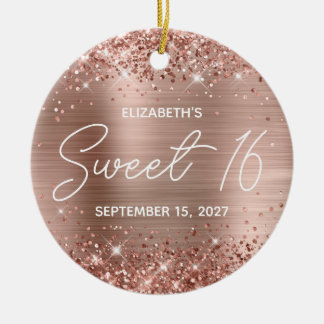 Glittery Rose Gold Glam Modern Sweet 16 Photo Ceramic Tree Decoration