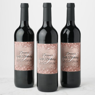 Glittery Rose Gold Glam Monogram 80th Birthday Wine Label