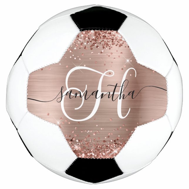 Glittery Rose Gold Glam Monogrammed Football (Front)