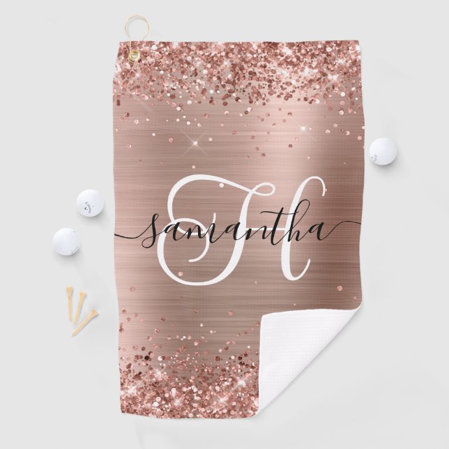 Glittery Rose Gold Glam Monogrammed Golf Towel (InSitu)